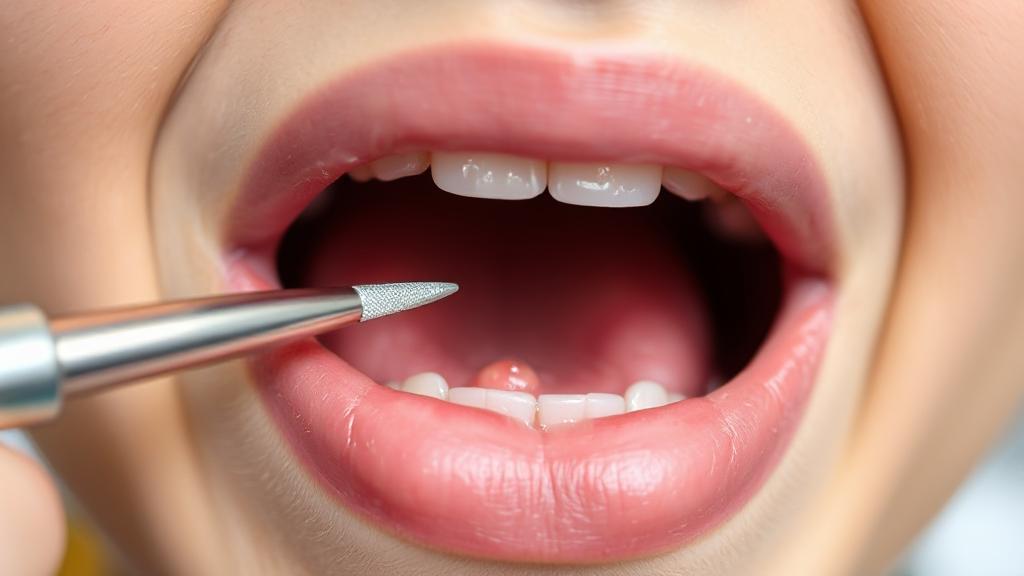 A close-up image of a person's open mouth highlighting a small bump on the gums, with a dental tool gently pointing to it.