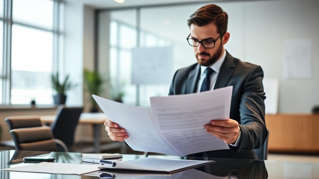 A professional office setting with a focus on a businessperson reviewing insurance documents, symbolizing the complexities of business liability insurance costs.