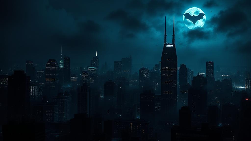 A dark and atmospheric cityscape of Gotham with the iconic bat signal illuminating the night sky.