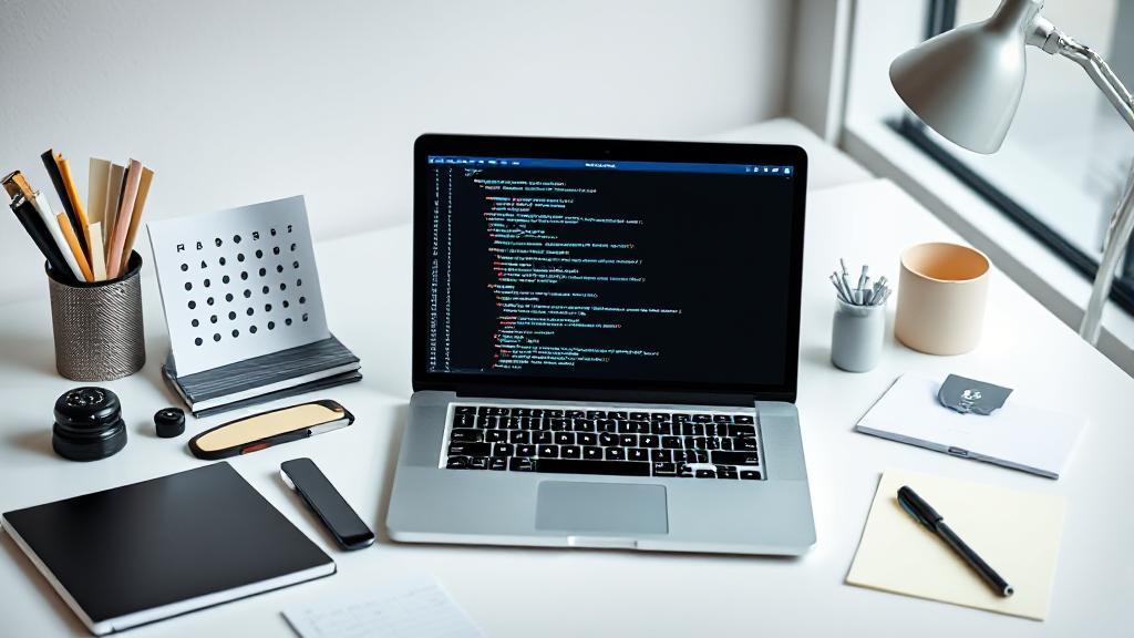 A sleek, modern workspace featuring a laptop displaying code, surrounded by web design tools and notes, symbolizing the process of building a website from scratch.