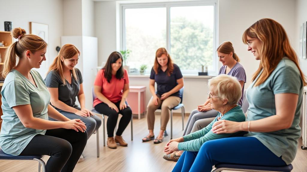 A diverse group of occupational therapists engaging with patients in a bright, modern therapy room.