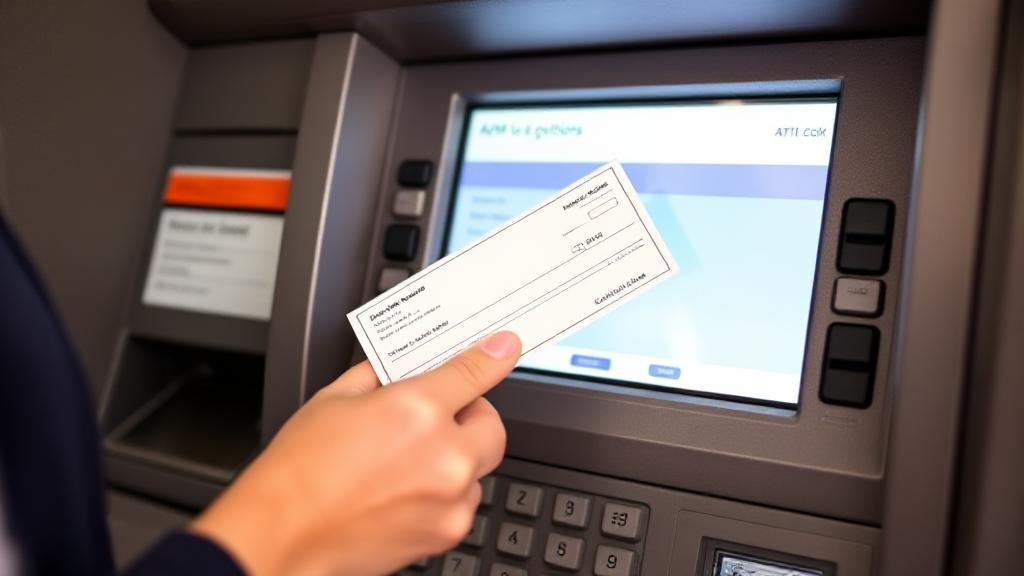A person confidently inserting a check into an ATM slot, with a clear display of the ATM screen showing deposit options.