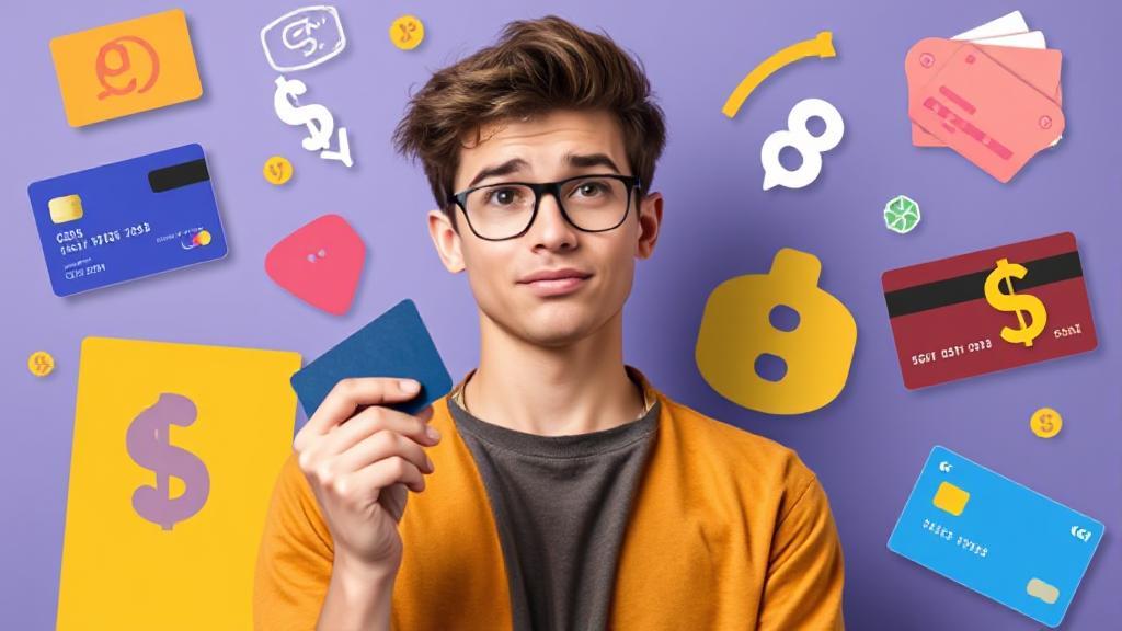 A vibrant image of a young adult holding a credit card with a thoughtful expression, surrounded by various credit card options and financial symbols.