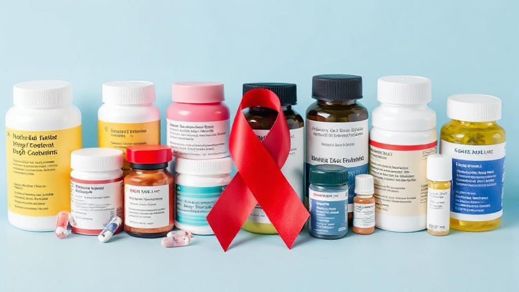 A diverse array of HIV medications and therapies displayed alongside a symbolic red ribbon, representing hope and progress in treatment.