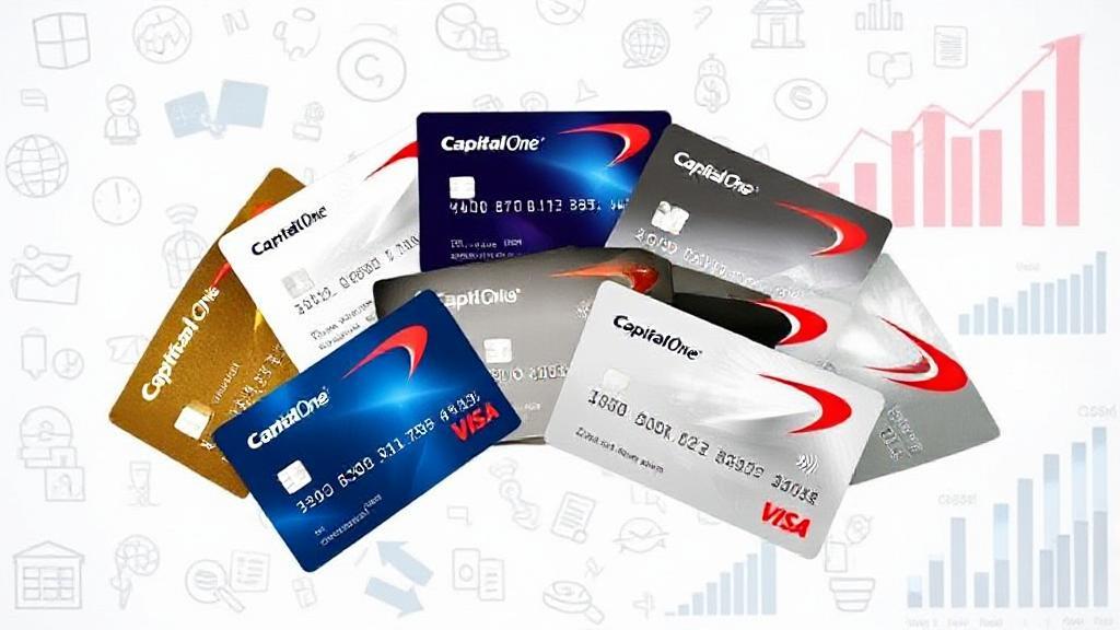 A collage of various Capital One credit cards fanned out against a backdrop of financial icons and graphs.