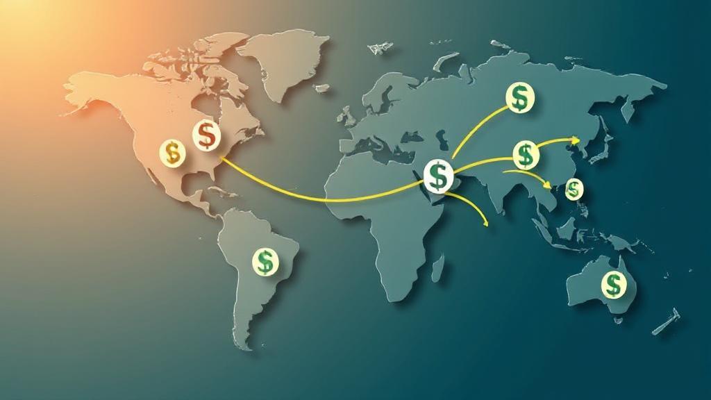 A world map with currency symbols and arrows illustrating the flow of money across borders, symbolizing the global impact of remittances.