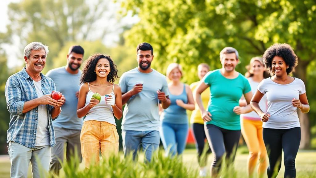 A vibrant header image showing a diverse group of people enjoying healthy foods and engaging in outdoor exercise, symbolizing diabetes prevention and balanced blood sugar.