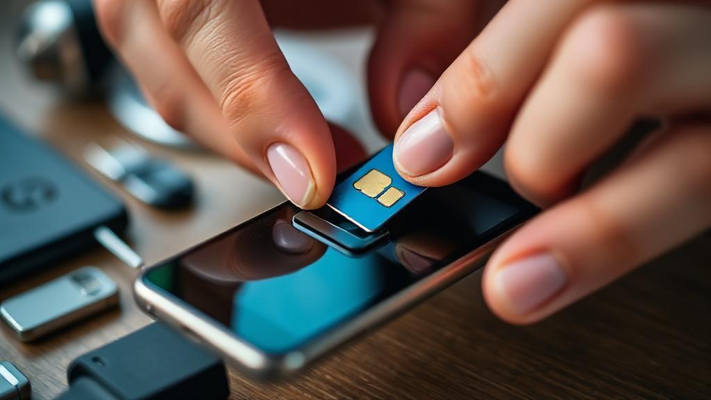 A close-up image of hands carefully inserting a SIM card into a smartphone, with a blurred background of tech accessories.