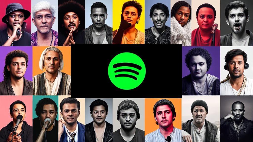 A vibrant collage of popular music artists with Spotify's logo prominently displayed in the center.