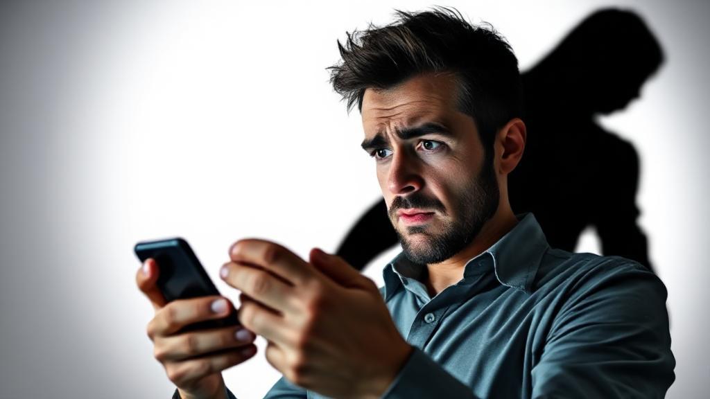 A concerned individual looking at a smartphone, with a shadowy figure in the background, symbolizing the threat of blackmail.