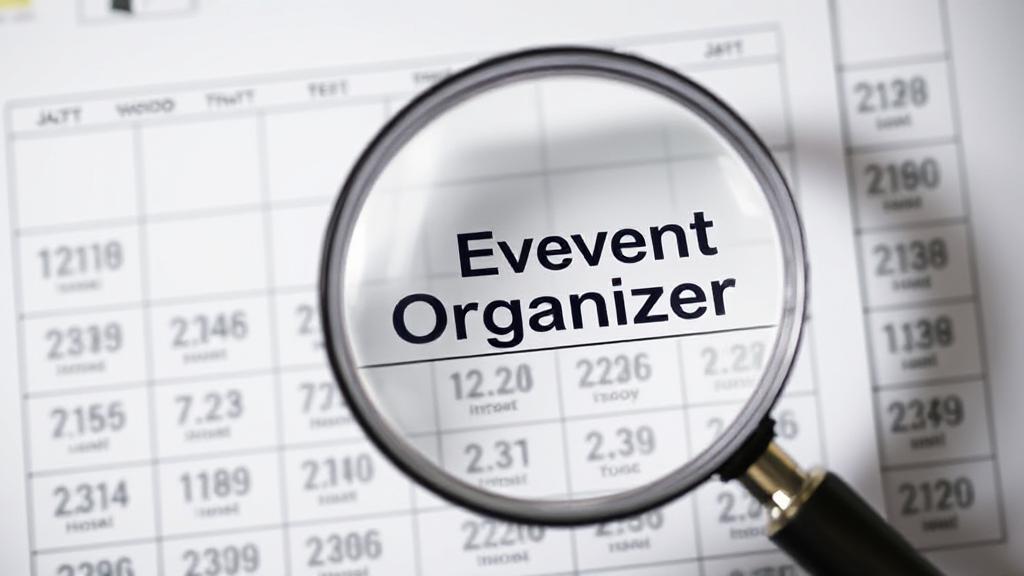 A magnifying glass hovering over a calendar filled with event dates, symbolizing the search for an event organizer.