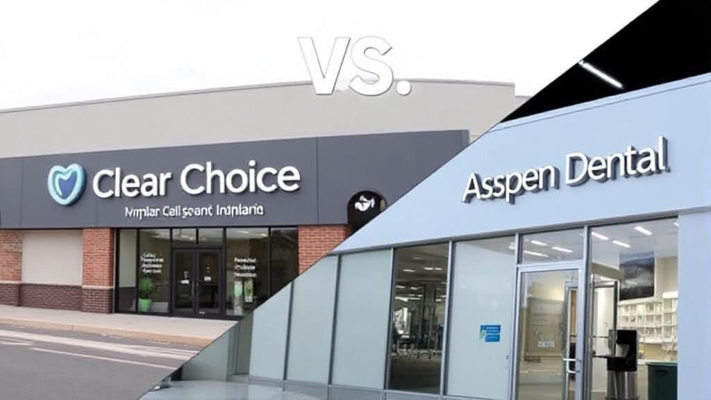 A split image featuring a Clear Choice dental implant clinic on one side and an Aspen Dental office on the other, symbolizing the comparison between the two dental care providers.