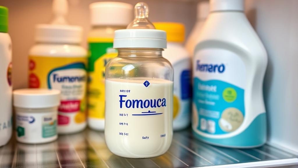 A close-up image of a baby bottle filled with formula, placed on a refrigerator shelf alongside other baby essentials.