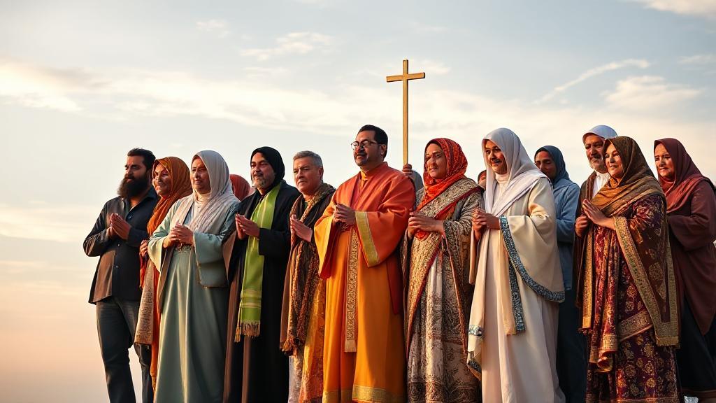 A diverse group of people from different faiths standing together in harmony, each holding a symbol of their religion, against a backdrop of a serene sky.
