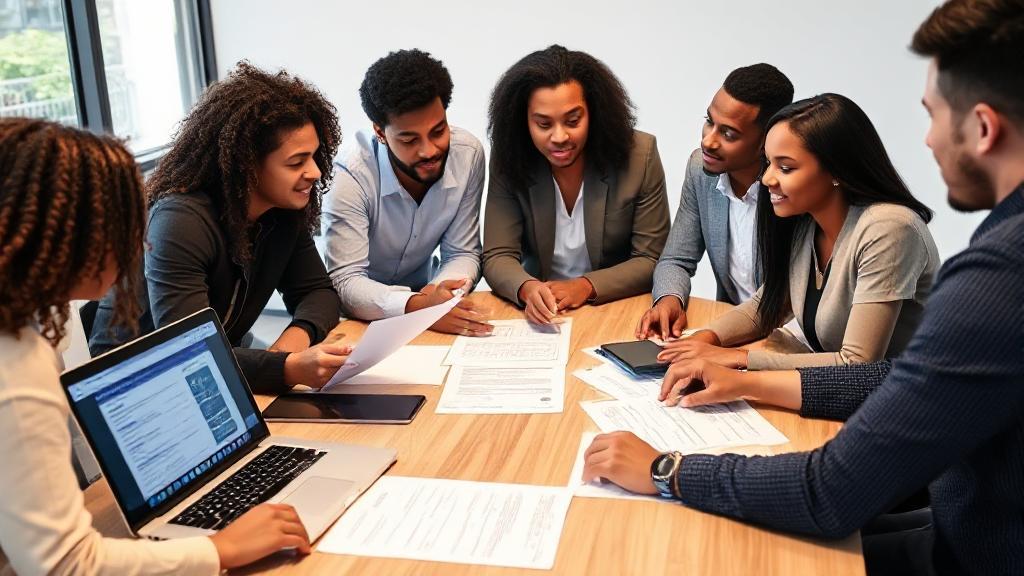 A diverse group of entrepreneurs discussing business plans around a table, with documents and a laptop displaying a business license application.