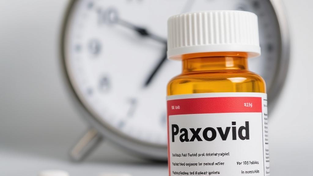 A close-up image of a Paxlovid pill bottle with a clock in the background, symbolizing the medication's rapid onset of action.
