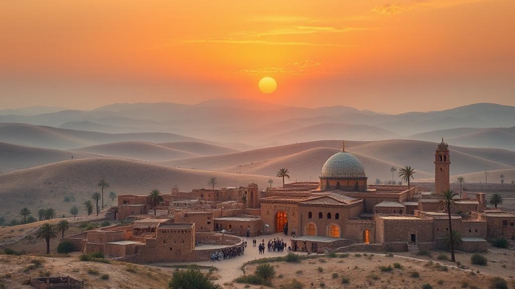 A serene depiction of Bethlehem at dawn, with ancient architecture and rolling hills, symbolizing the birthplace and early life of Jesus.
