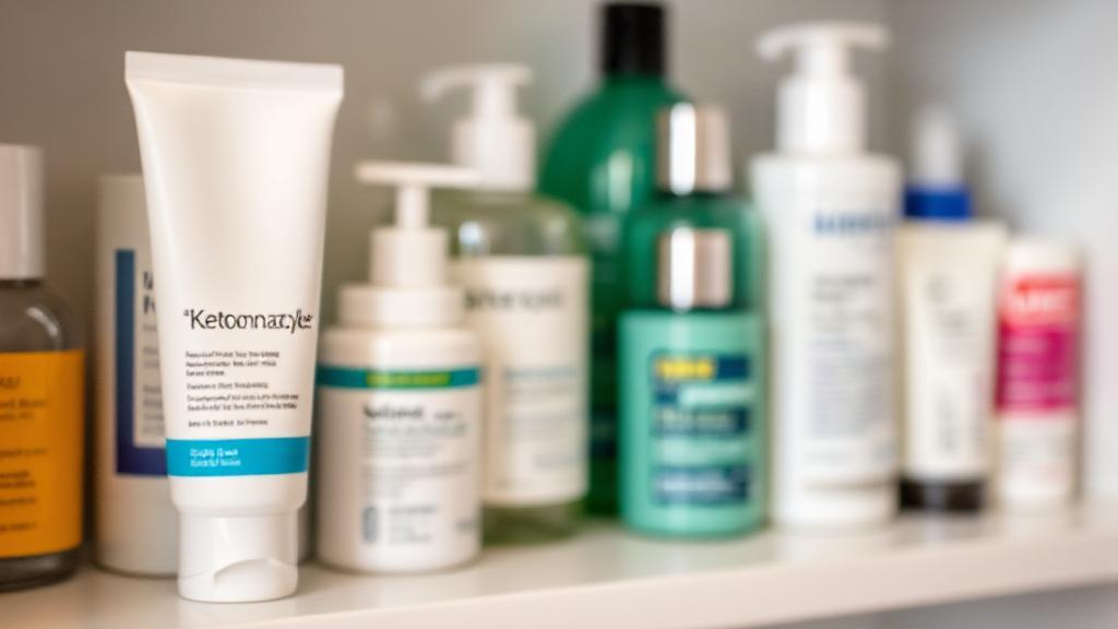 A close-up of a ketoconazole cream tube with a blurred background of various skincare products on a bathroom shelf.