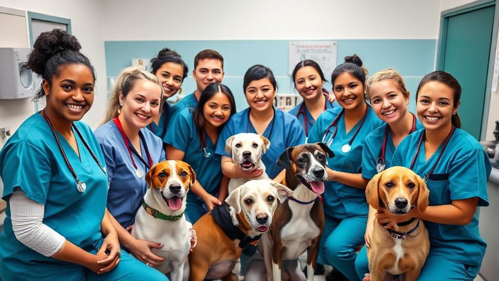 A diverse group of veterinary technicians in scrubs, smiling and interacting with various animals in a clinic setting.