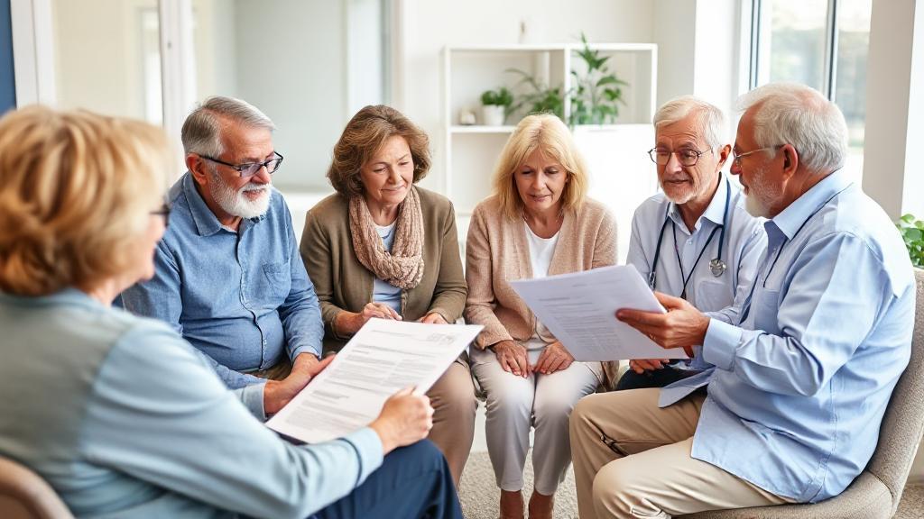 A diverse group of seniors reviewing Medicare Advantage plan options with a healthcare advisor in a bright, welcoming office setting.