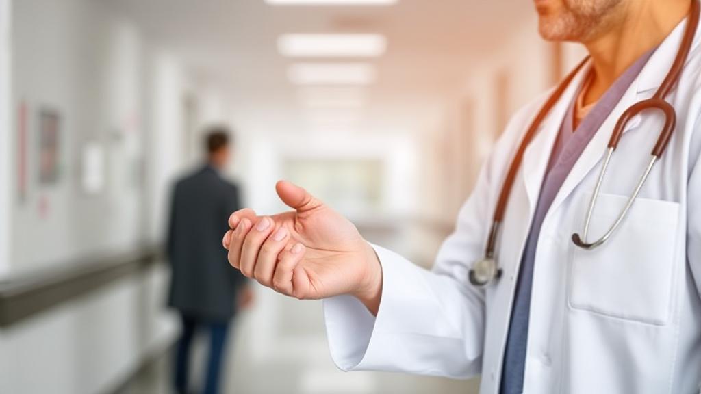 A serene hospital scene with a doctor gently holding a patient's hand, symbolizing compassion and ethical care.