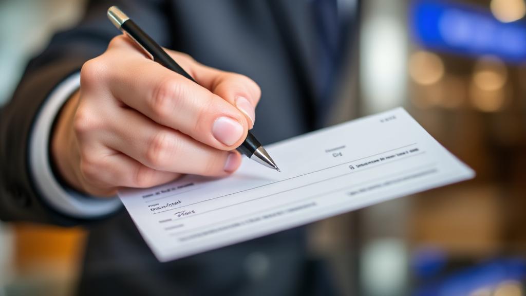 A close-up image of a hand holding a pen, poised to endorse a check, with a blurred background of a bank setting.