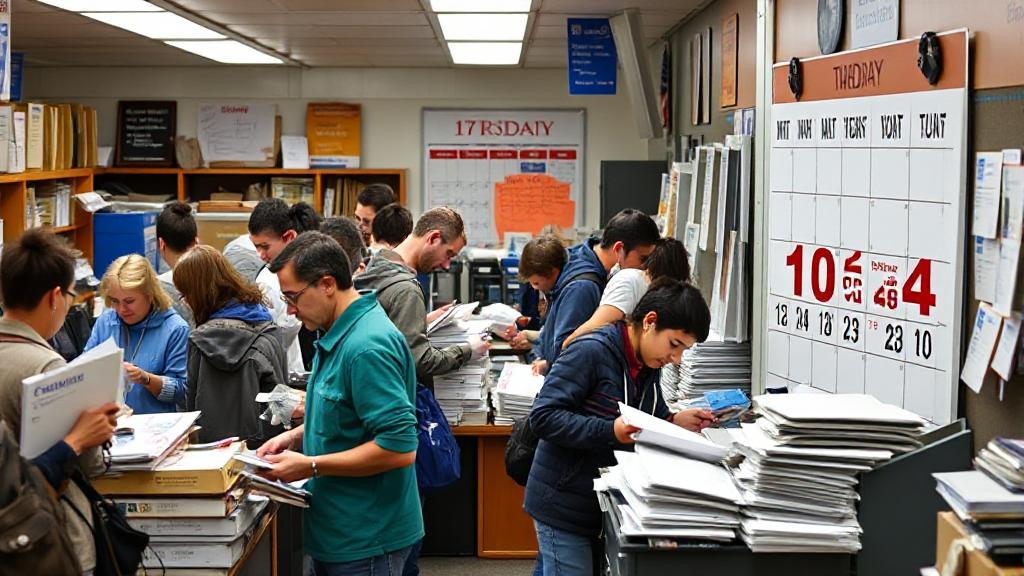 A bustling post office with a mix of people mailing packages and postal workers sorting mail, set against a backdrop of a calendar highlighting today's date.
