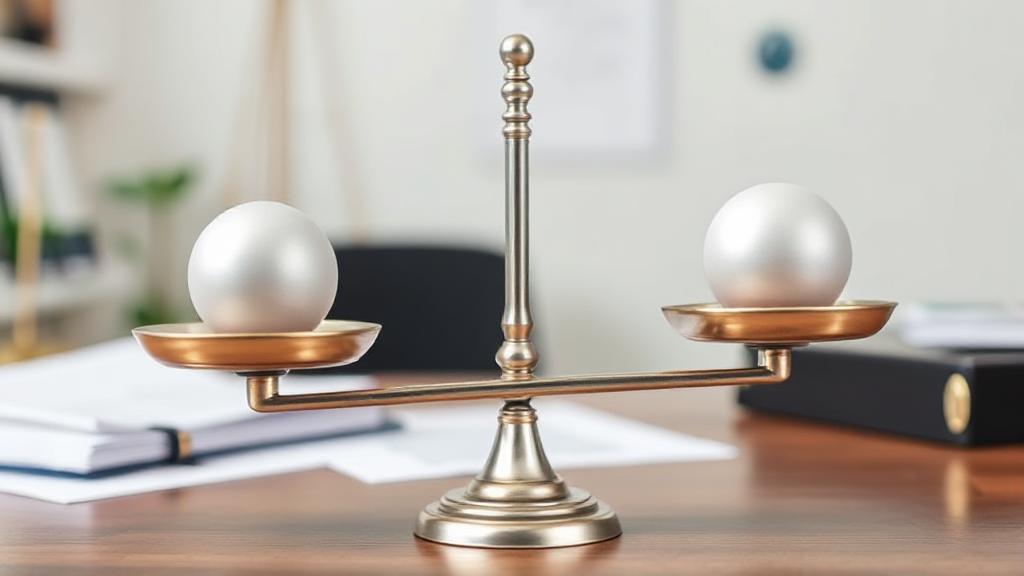 A balanced scale symbolizing the advantages and disadvantages of serving as your own registered agent for an LLC, set against a backdrop of legal documents and a small business office.
