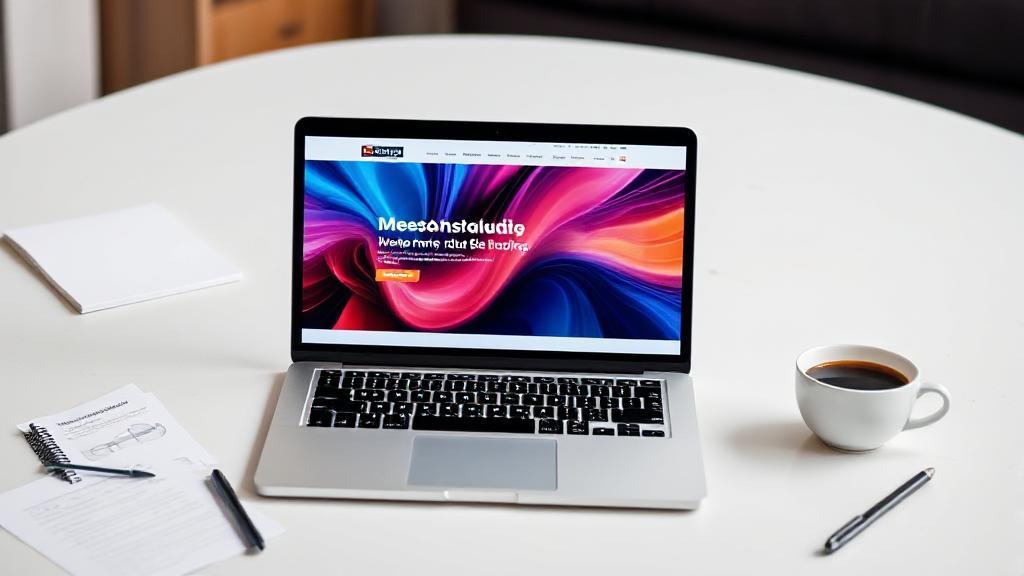 A sleek laptop displaying a vibrant website design, surrounded by notes and coffee, symbolizing the creative process of building a website.