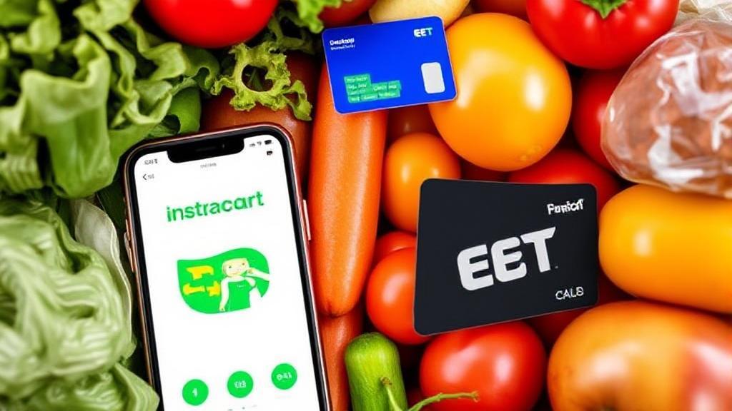 A vibrant image of a smartphone displaying the Instacart app, surrounded by fresh groceries and an EBT card, illustrating the convenience of digital grocery shopping.