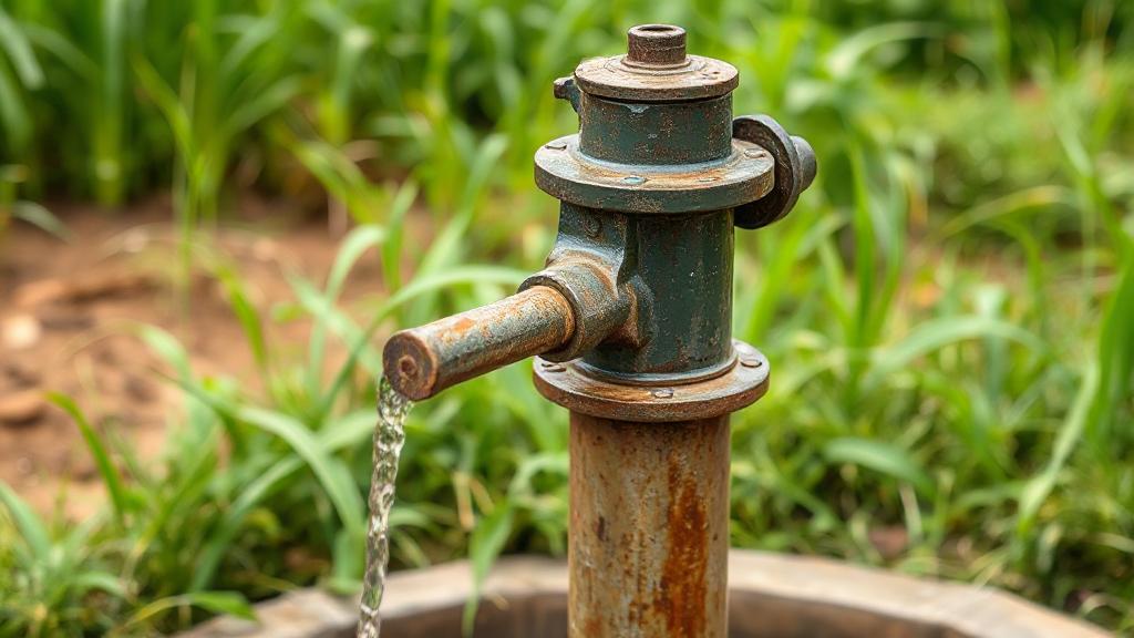 A close-up image of a well pump in a rural setting, surrounded by lush greenery, illustrating its durability and connection to natural resources.
