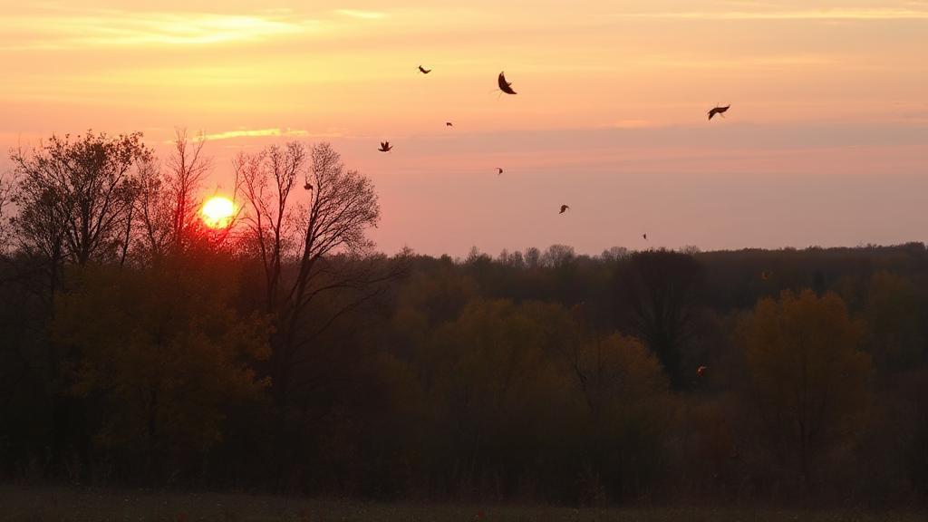 A serene autumn landscape with a fading sunset, symbolizing the end of mosquito season as leaves fall gently from the trees.
