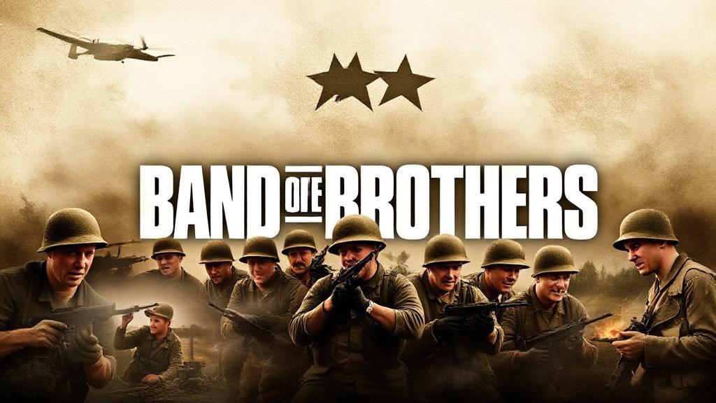 "An evocative collage of scenes from 'Band of Brothers,' featuring soldiers in action and moments of camaraderie, set against a backdrop of the show's iconic logo."