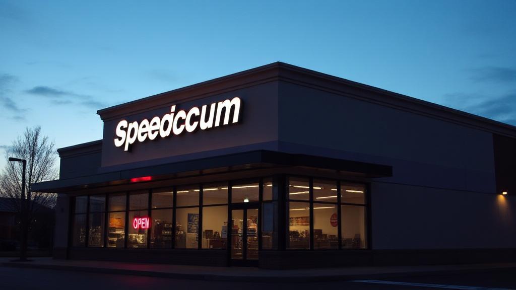 A sleek, modern Spectrum store exterior illuminated at dusk, with a prominent "Open" sign transitioning to "Closed."