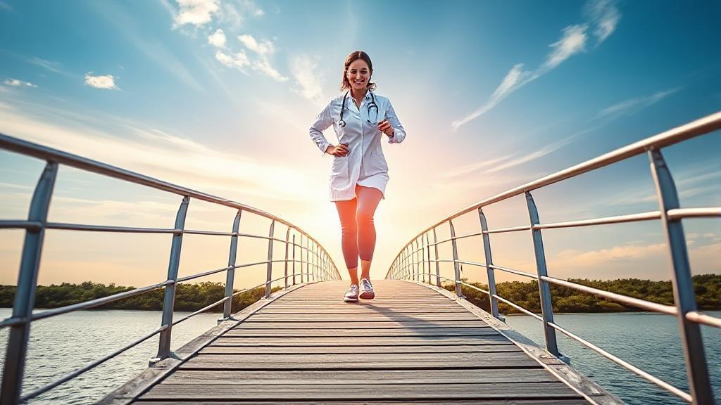 A dynamic image of a medical assistant confidently stepping onto a bridge that leads towards a future as a registered nurse, symbolizing career advancement and growth.