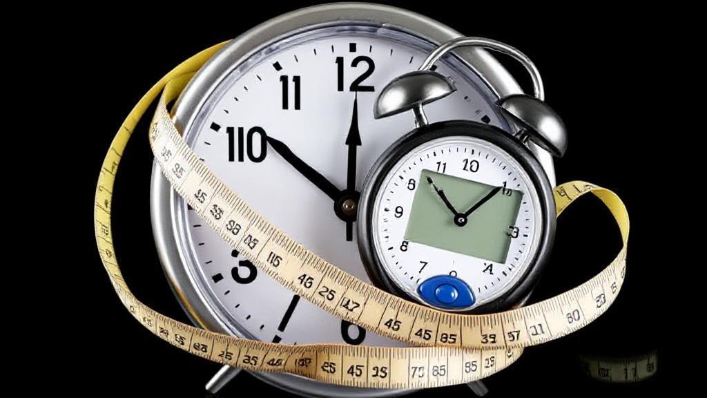 A dynamic image of a clock intertwined with a tape measure and glucose meter, symbolizing the timely effects of Ozempic on weight loss and blood sugar control.