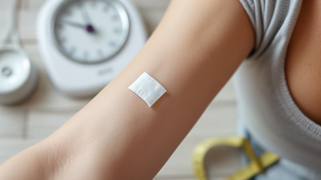 A close-up image of a woman's arm with a small bandage, symbolizing the insertion site of the Nexplanon implant, set against a backdrop of a scale and measuring tape.