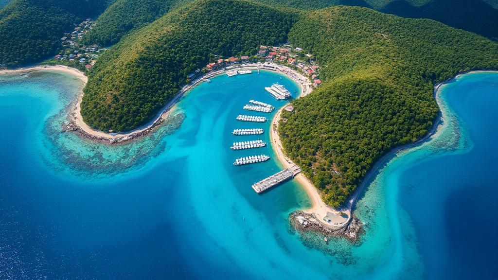 A vibrant aerial view of Amber Cove's stunning coastline, showcasing its lush greenery, turquoise waters, and bustling port.