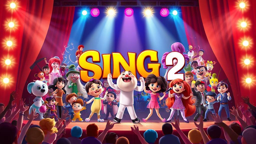 A vibrant collage of animated characters from "Sing 2" performing on stage, set against a backdrop of dazzling lights and a cheering audience.