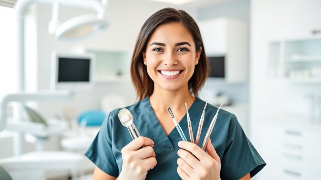 A smiling dental hygienist in scrubs holding dental tools in a bright, modern dental office.