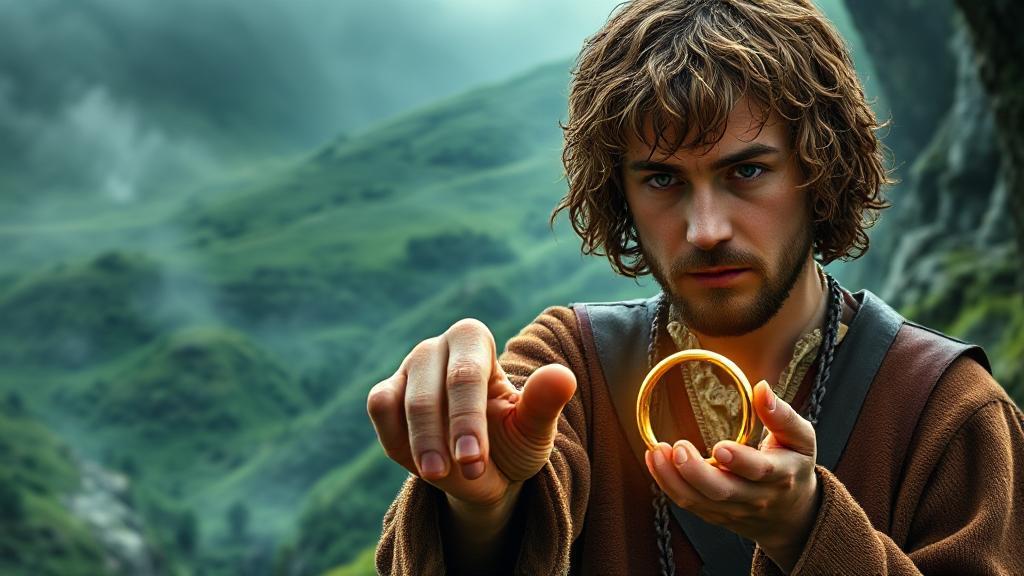 A captivating header image featuring Bilbo Baggins holding the One Ring, set against the lush, mystical landscape of Middle-earth.