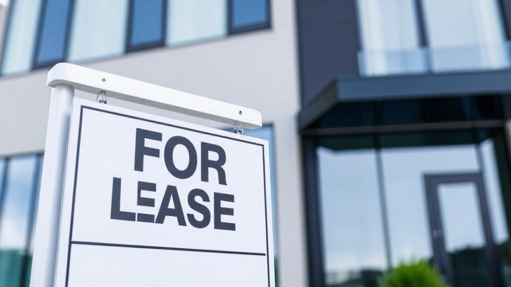A professional office building with a "For Lease" sign, symbolizing the decision-making process for selecting an LLC address.