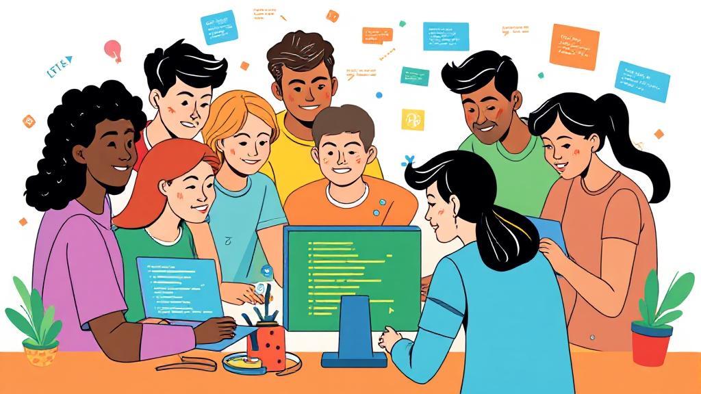 A vibrant illustration of a diverse group of people gathered around a computer, each engaged in learning programming with code snippets and digital elements floating around.