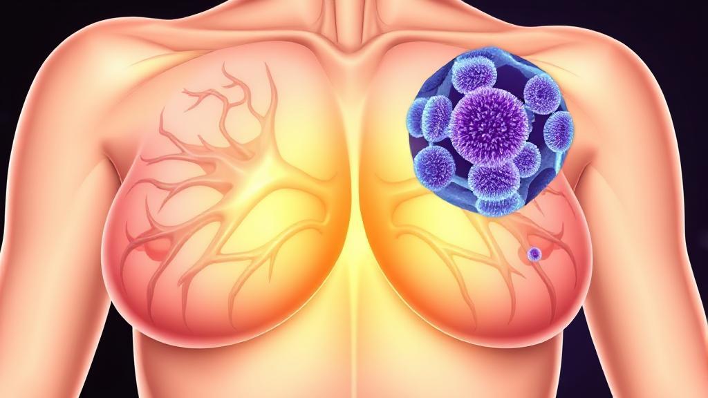 A detailed illustration of breast anatomy highlighting the ducts, with a subtle overlay of cancer cells to represent invasive ductal carcinoma.