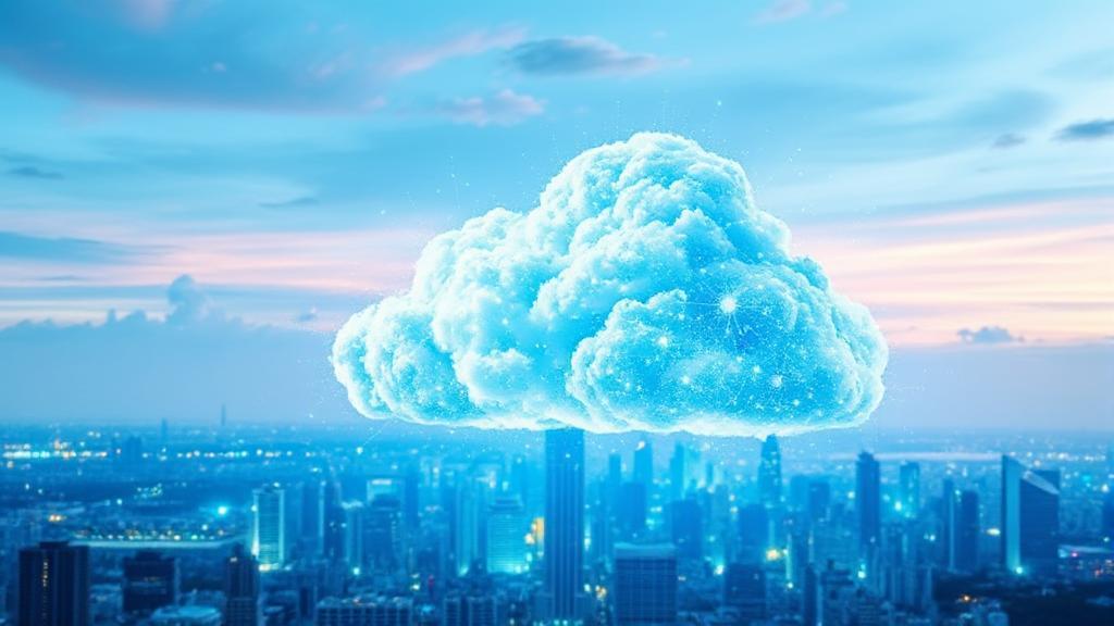 A futuristic digital cloud hovering over a cityscape, symbolizing the integration and benefits of cloud computing services.