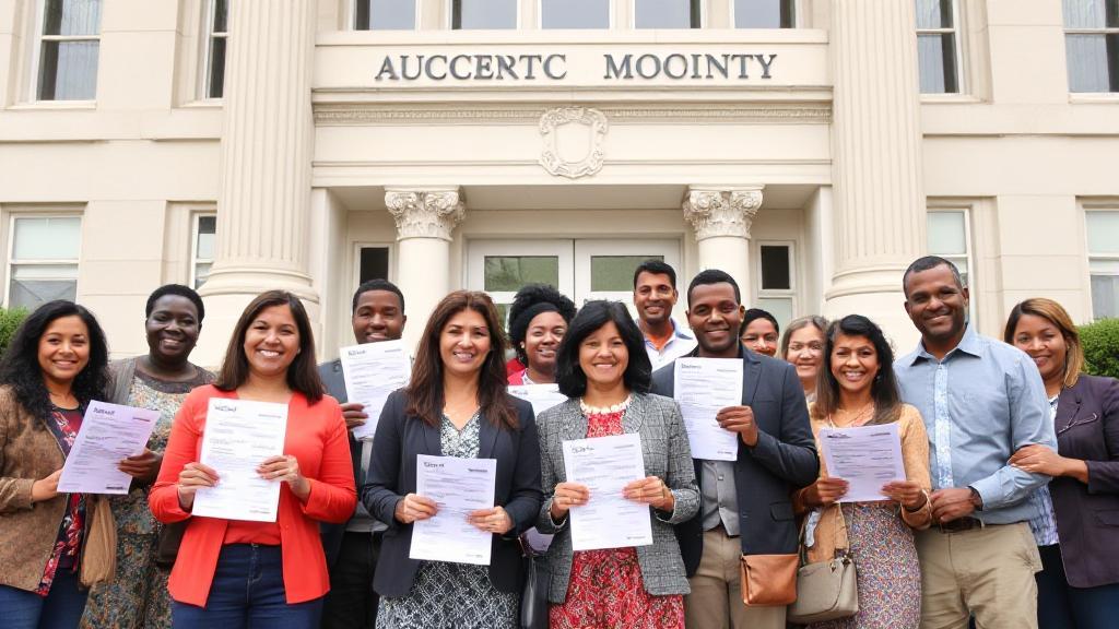 A diverse group of people standing in front of a government building, holding tax documents and smiling, symbolizing civic responsibility and community benefits.