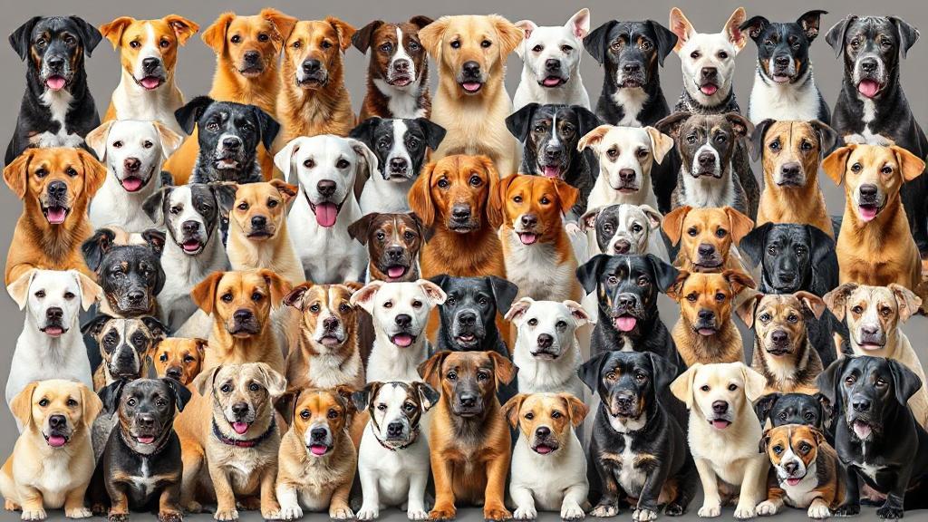 A diverse collage of various dog breeds from around the world, showcasing their unique sizes, colors, and features.