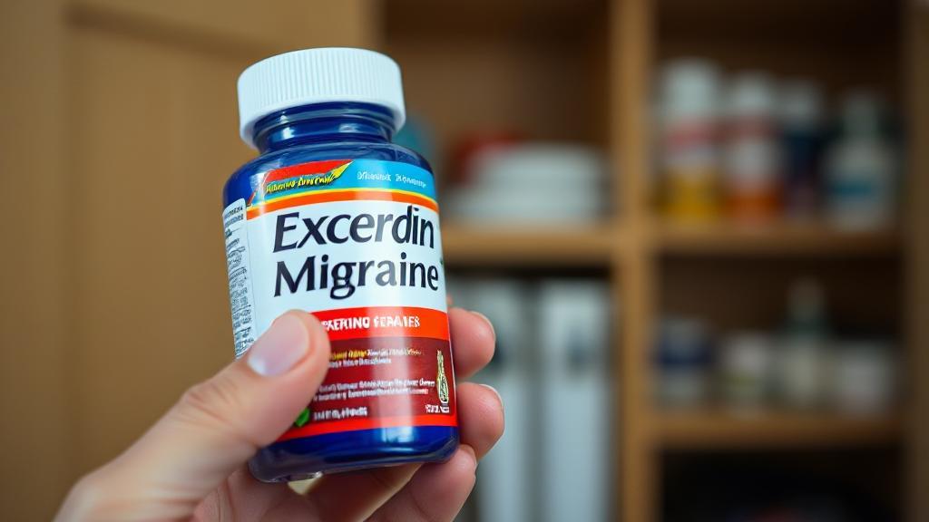 A close-up image of a hand holding an Excedrin Migraine bottle against a soft-focus background of a medicine cabinet.