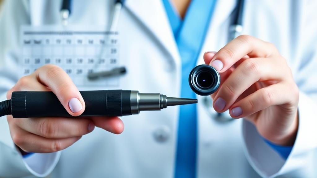 A medical professional holding a colonoscope, with a calendar in the background highlighting the recommended age for a first colonoscopy.