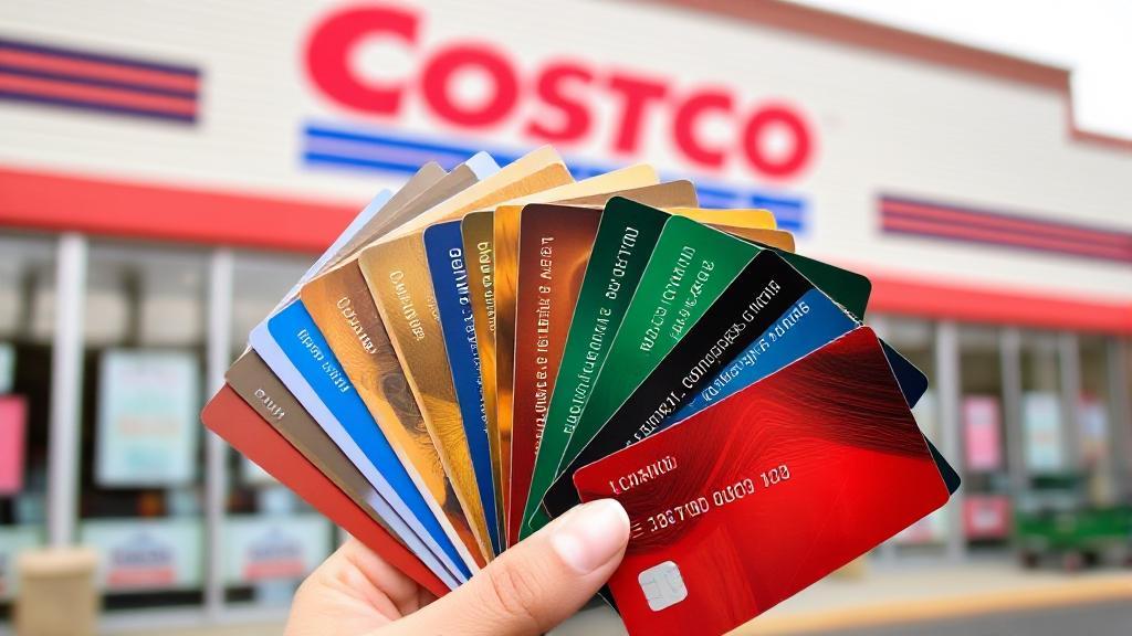 A vibrant image showcasing a variety of credit cards fanned out against a backdrop of a Costco storefront.